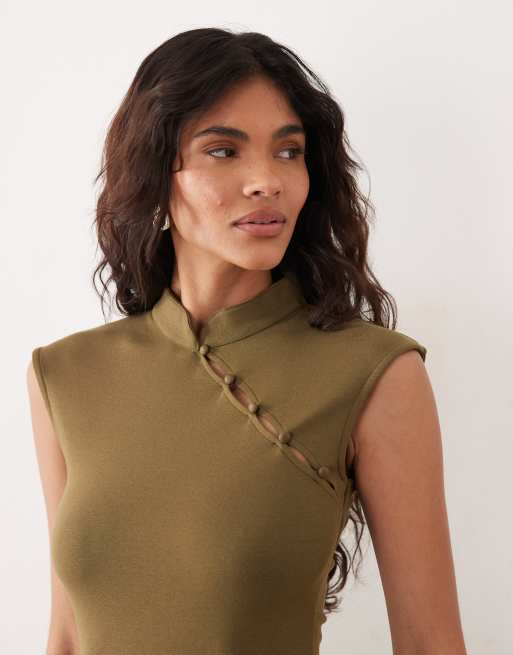 Gina Tricot mandarin collar top in olive green, 2 of 4