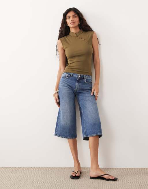 Gina Tricot mandarin collar top in olive green, 3 of 4