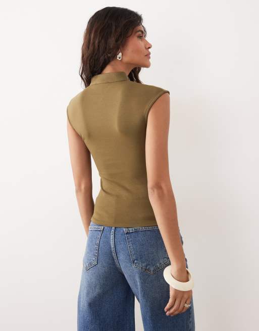 Gina Tricot mandarin collar top in olive green, 4 of 4