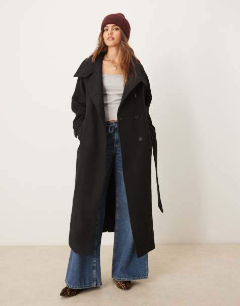 Gina Tricot - Manteau ceinturé longueur mollet en laine mélangée avec col cheminée - Noir - view 1
