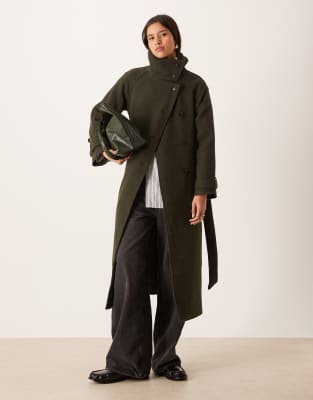 Gina Tricot - Manteau longueur mollet en laine avec ceinture à col cheminée - Vert foncé