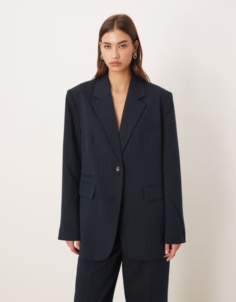 Gina Tricot – Marinblå, kritstrecksrandig kavaj i oversize, del av set - view 1