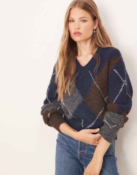 Gina Tricot – Marinblå, stickad tröja med argylemönster - view 1