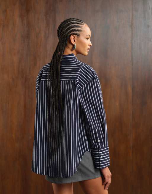 Gina Tricot - Marineblå og blå poplin-skjorte med striber, 3 af 4