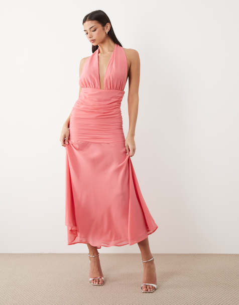 Gina Tricot - Maxi-jurk met halternek en verlaagde taille in koraalroze - view 1