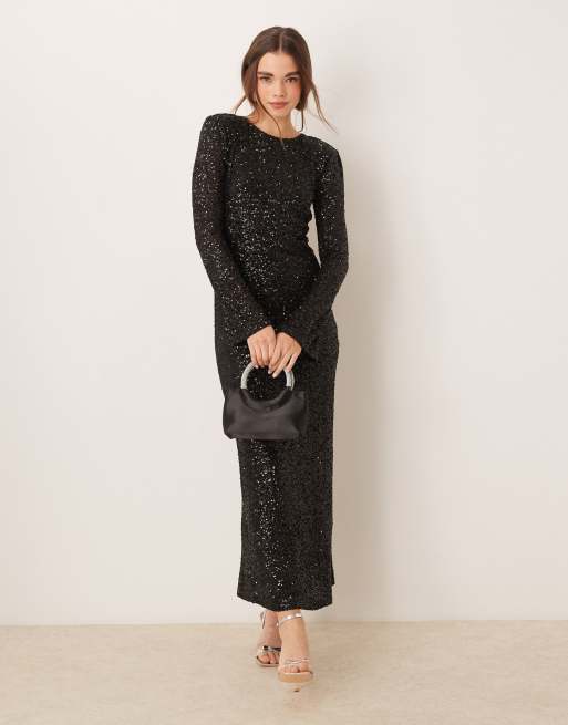 Gina Tricot - Maxi jurk met uitlopende mouwen, lovertjes en open achterkant in zwart