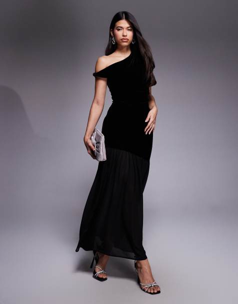 Gina Tricot - Maxi jurk van fluweel met blote schouder met gedraaid detail en mesh rok in zwart - view 1