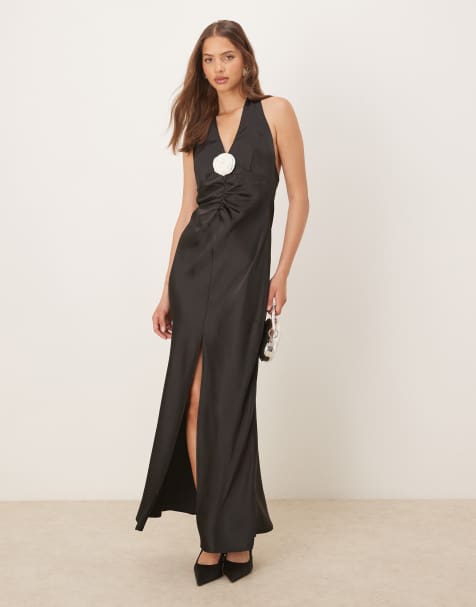 Gina Tricot - Maxi-jurk van satijn met halternek in zwart - view 1