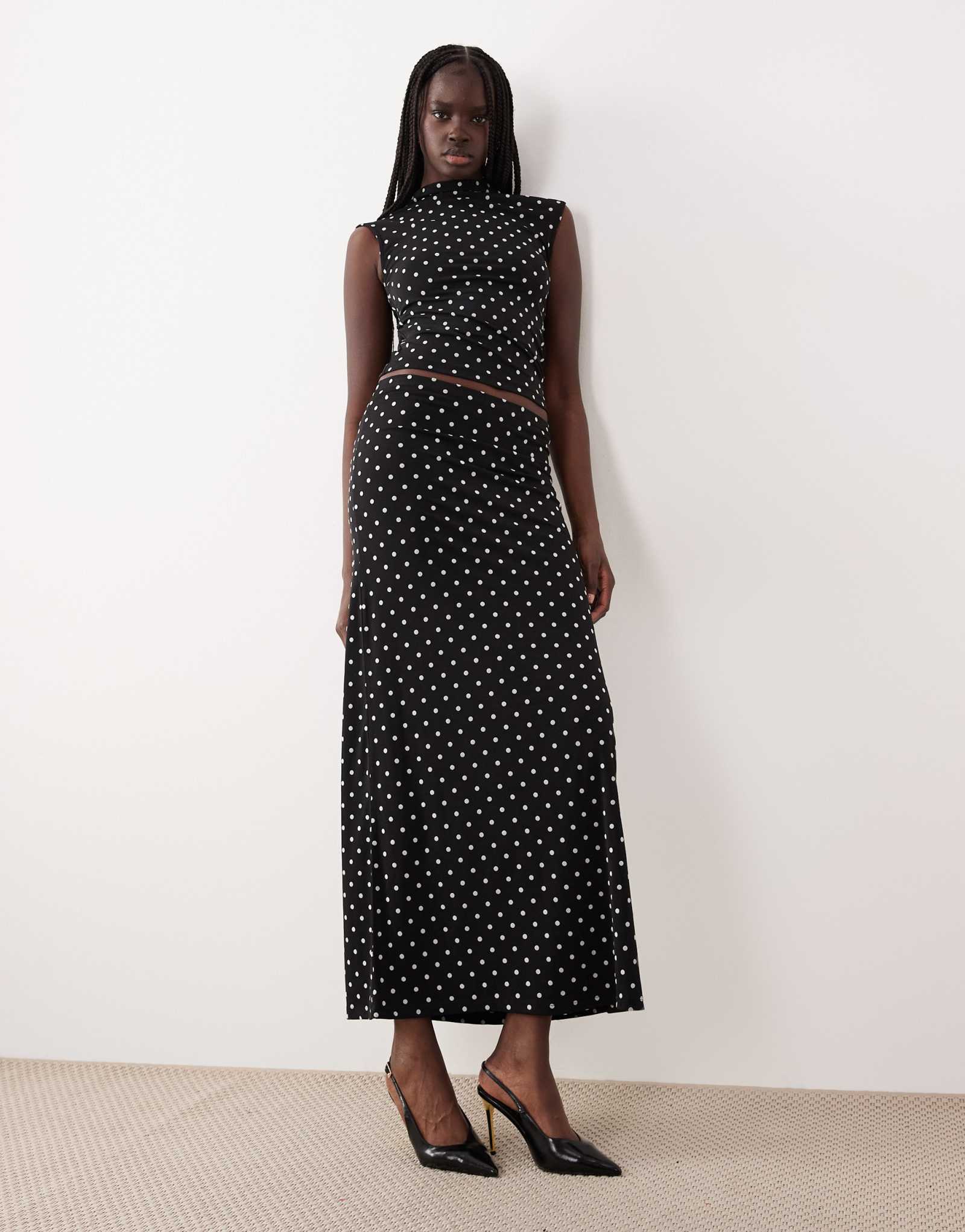 Макси-юбка из трикотажа Gina в черно-белый горошек - часть комплекта