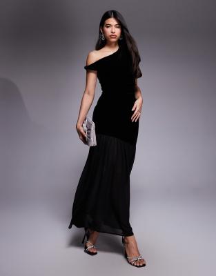 Gina Tricot - Maxikleid aus Samt in Schwarz mit Netzstoff-Rock und abfallendem verdrehtem Trägerdetail