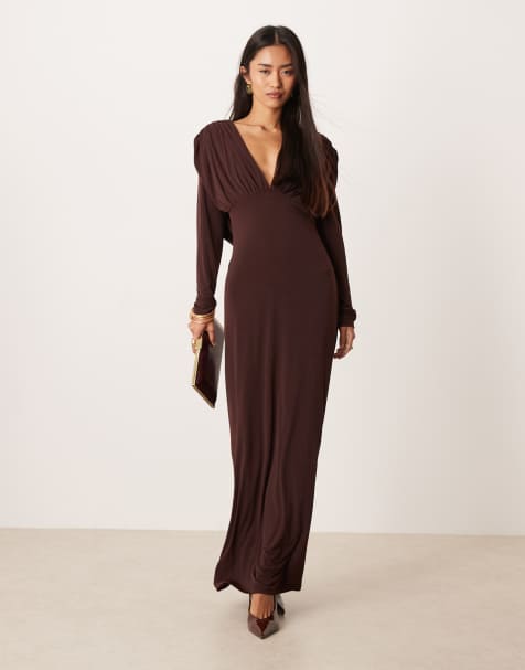 Gina Tricot – Maxikleid in Schokobraun mit Drapierung am Rücken - view 1