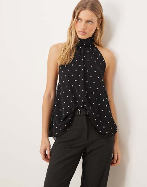 Gina Tricot mesh halterneck scarf top in black polka dot