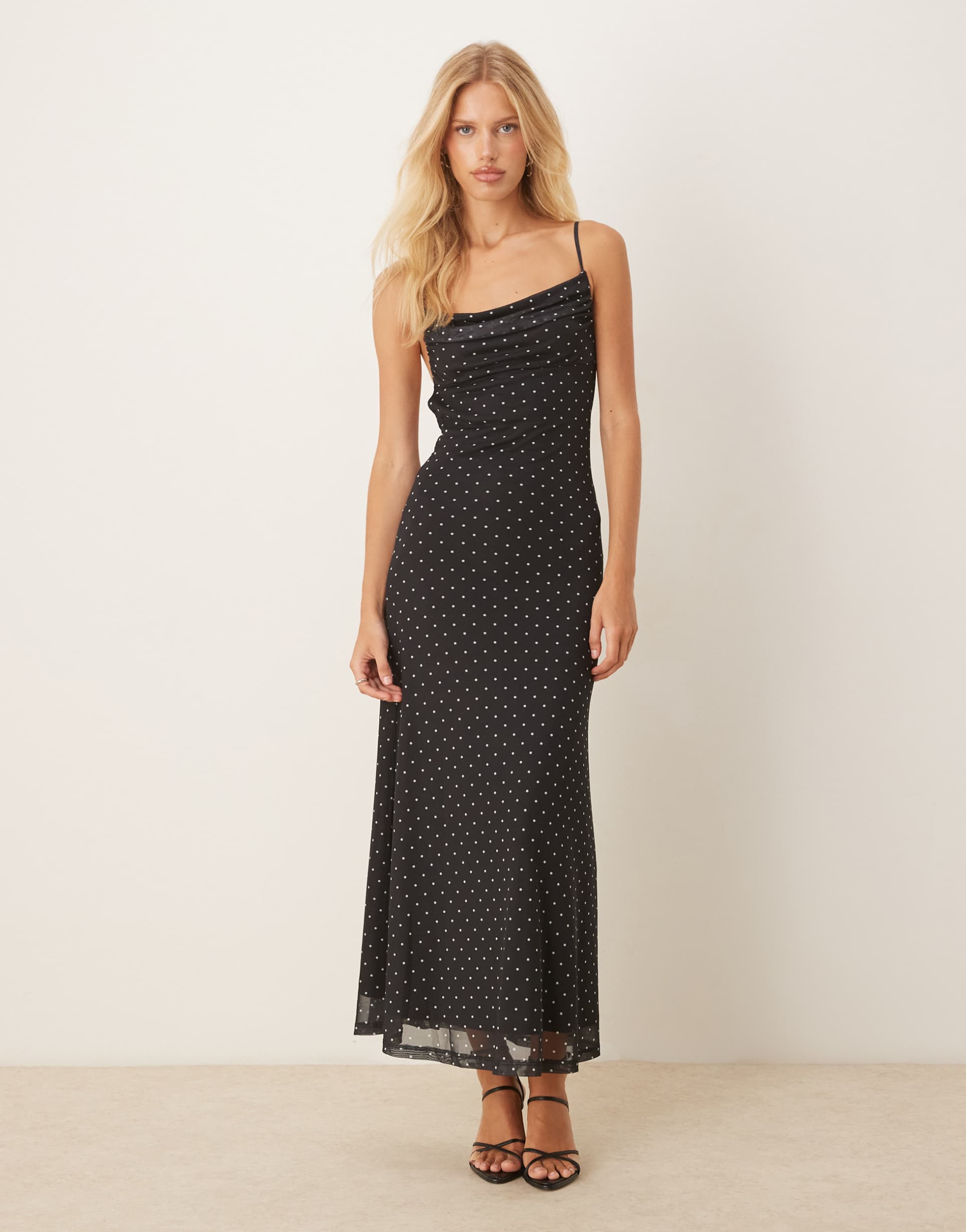 gina tricot mesh midi dress in black and white polka dots
