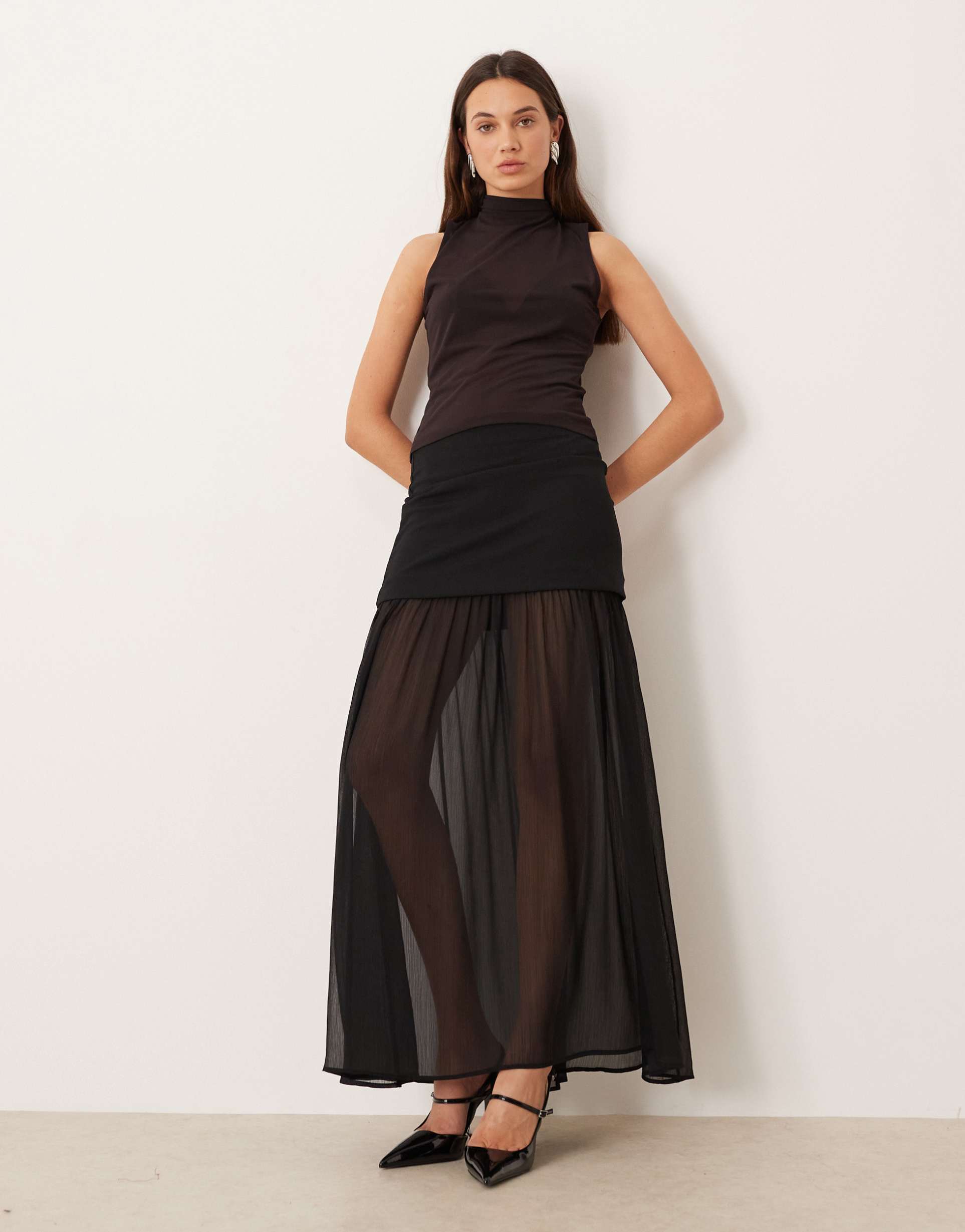 gina tricot mesh pleated maxi skirt in black