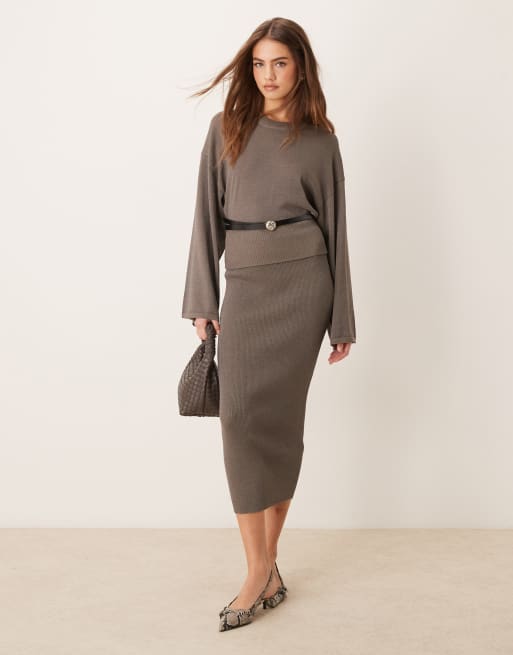 Gina Tricot metallic fine knit maxi skirt in dark beige (part of a set)