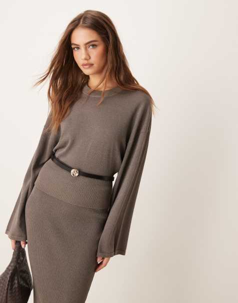 Gina Tricot metallic fine knit sweater with wide sleeves in dark beige - part of a set - view 1