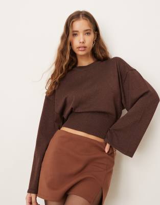 Gina Tricot Metallic Fine Knit Sweater With Wide Sleeves In Brown
