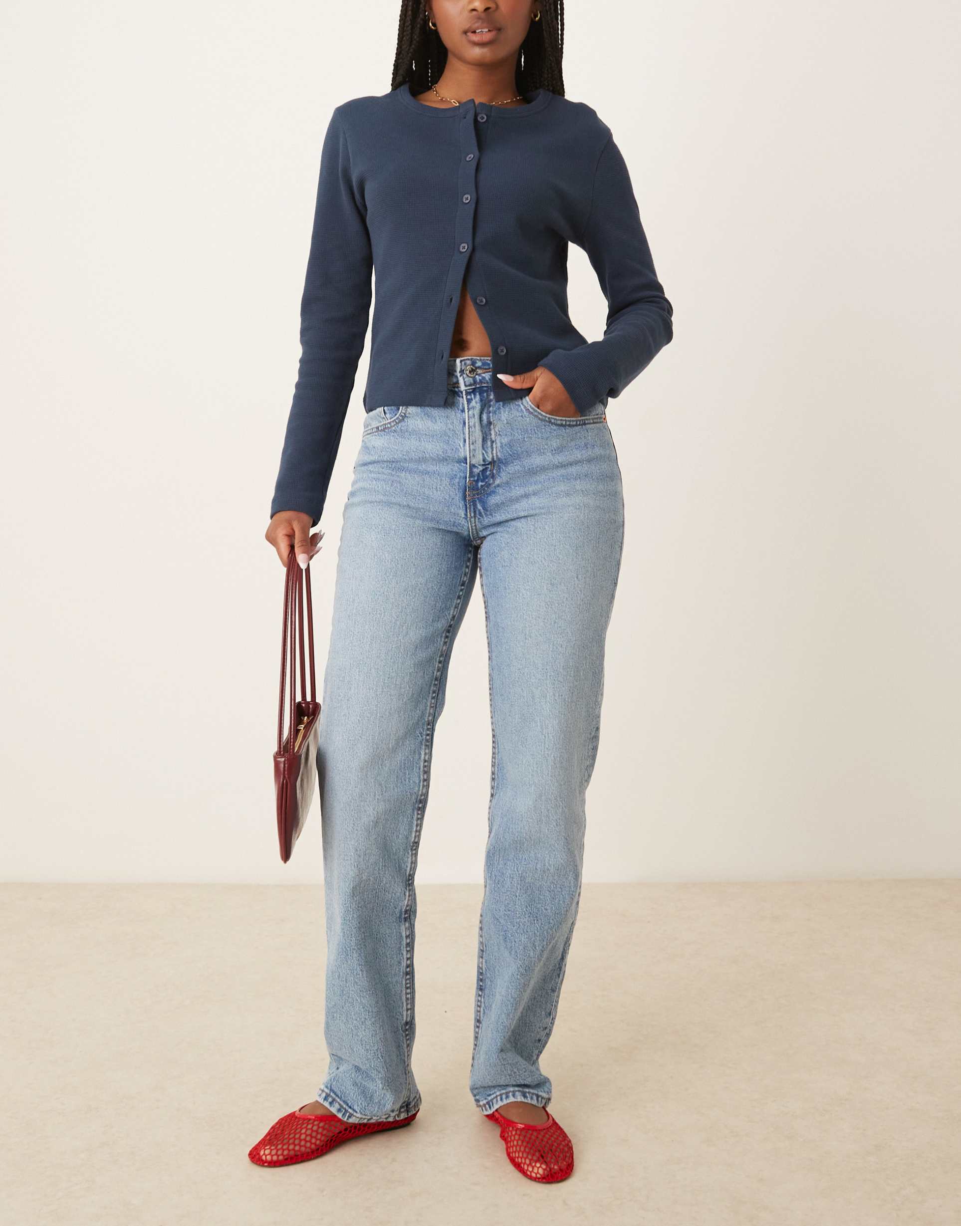 gina tricot mid rise straight leg jeans in light wash blue