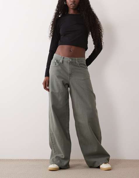 Gina Tricot mid waist baggy jeans in khaki - view 1