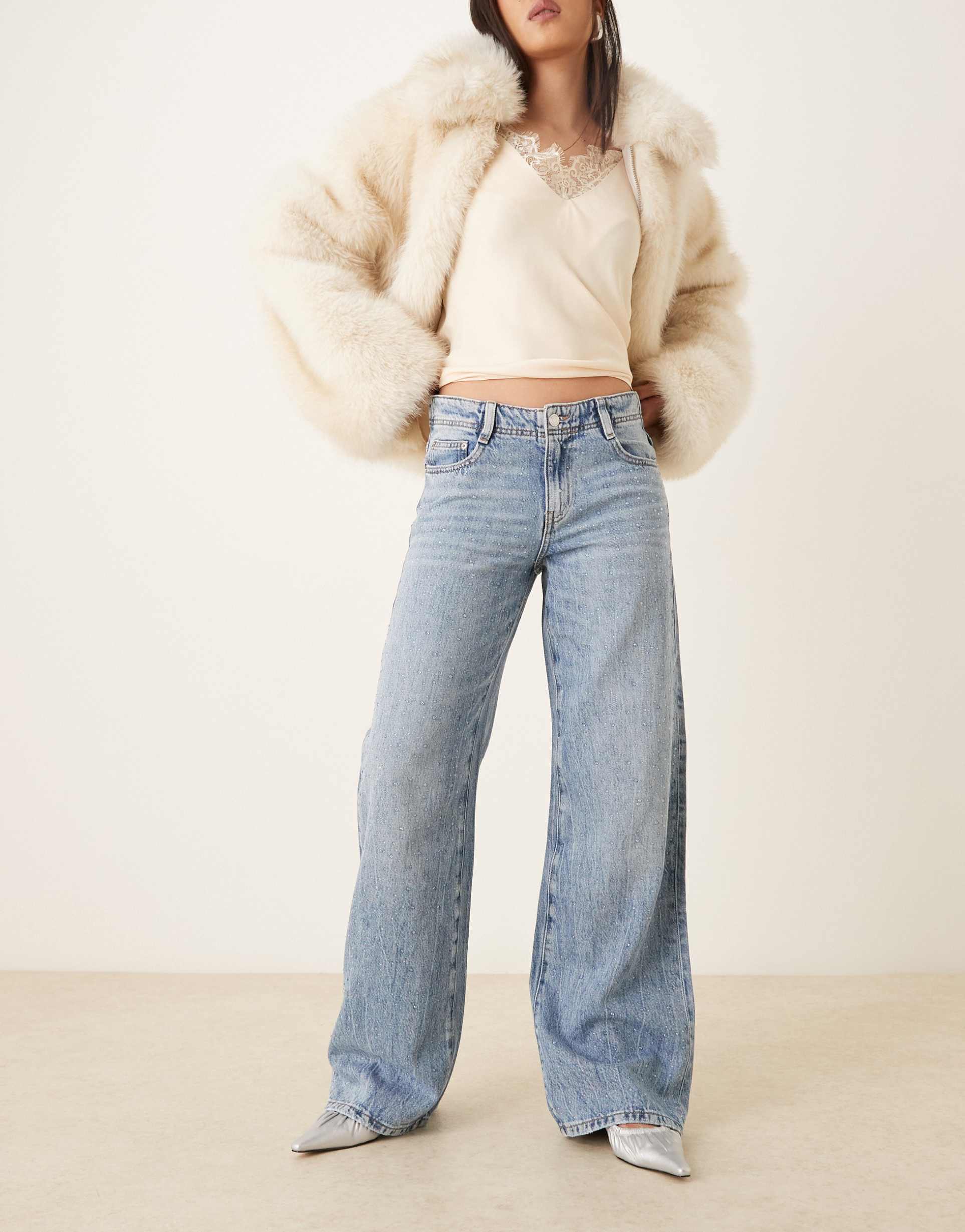 gina tricot mid waist embellished jeans in midwash blue