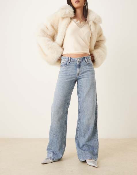 Gina Tricot mid waist embellished jeans in midwash blue