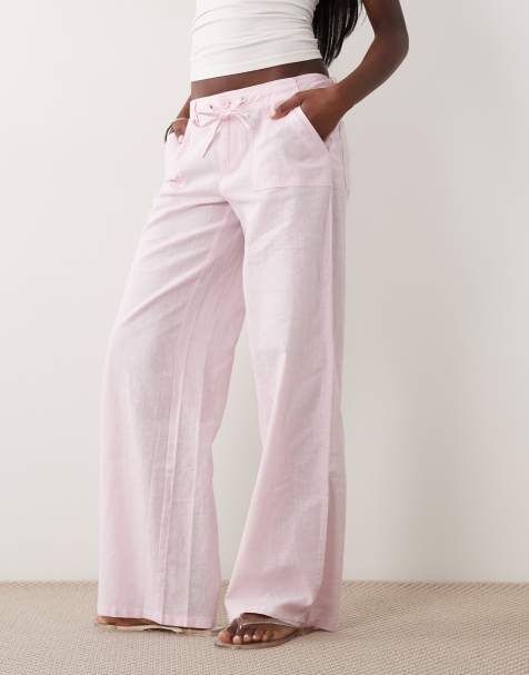 Gina Tricot mid waist linen blend pants with front pockets in pink - view 1