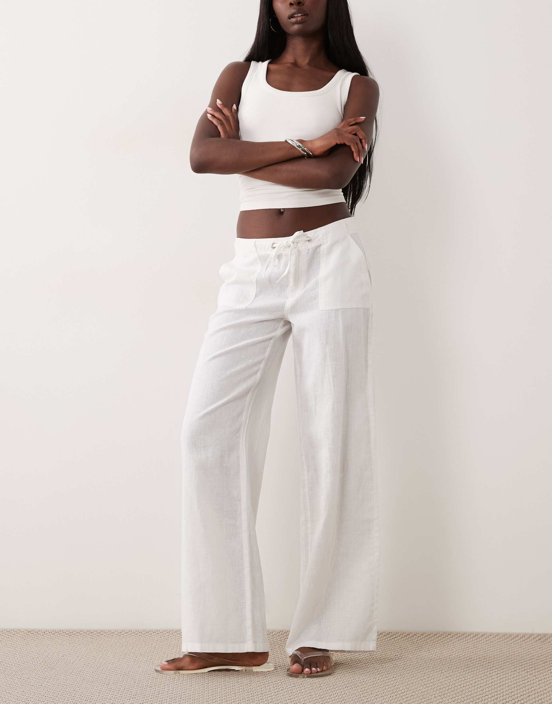 gina tricot mid waist linen blend pants with front pockets in white