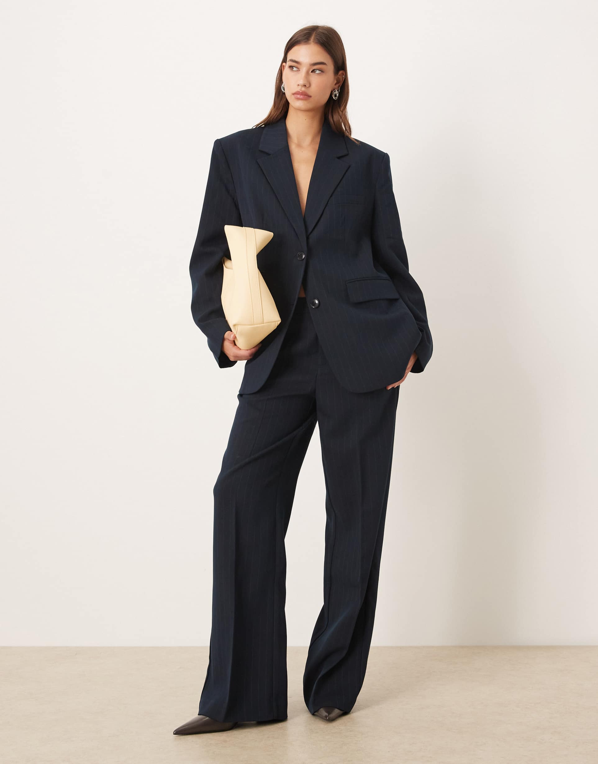 gina tricot mid waist straight pants in navy pinstripe - part of a set