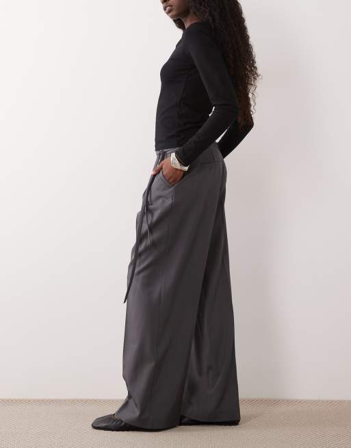 Gina Tricot mid waist tailored belted pants in dark gray, 3 of 5