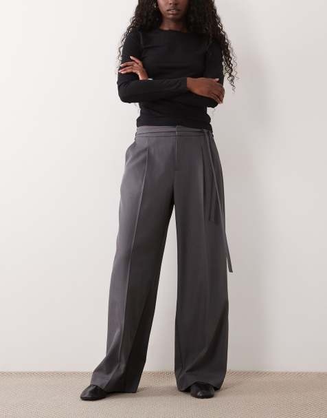 Gina Tricot mid waist tailored belted trousers in dark grey - view 1