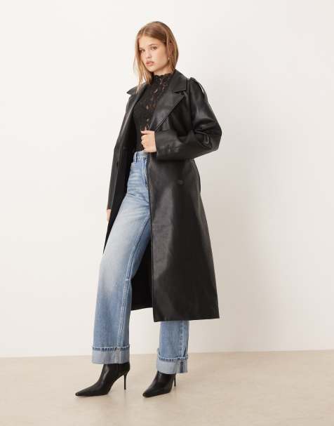 Gina Tricot - Midaxi jas van imitatieleer met riem in zwart - view 1