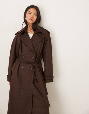 Gina Tricot - Midaxi-Mantel in Braun aus Wildlederimitat mit Gürtel-Brown