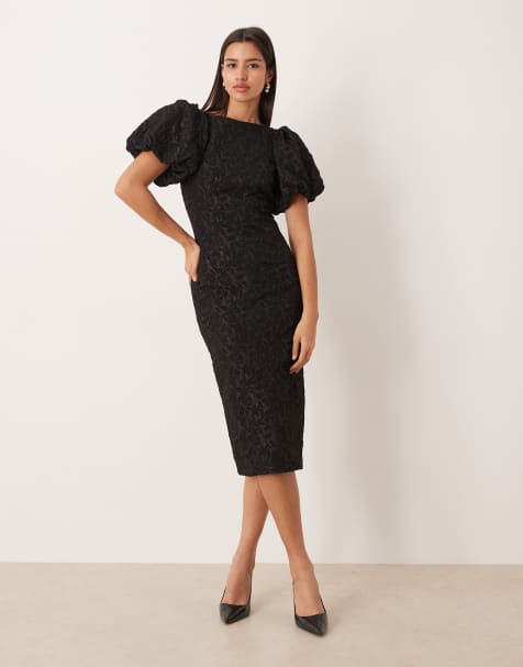 Gina Tricot - Midi-jurk met pofmouwen en jacquardprint in zwart - view 1