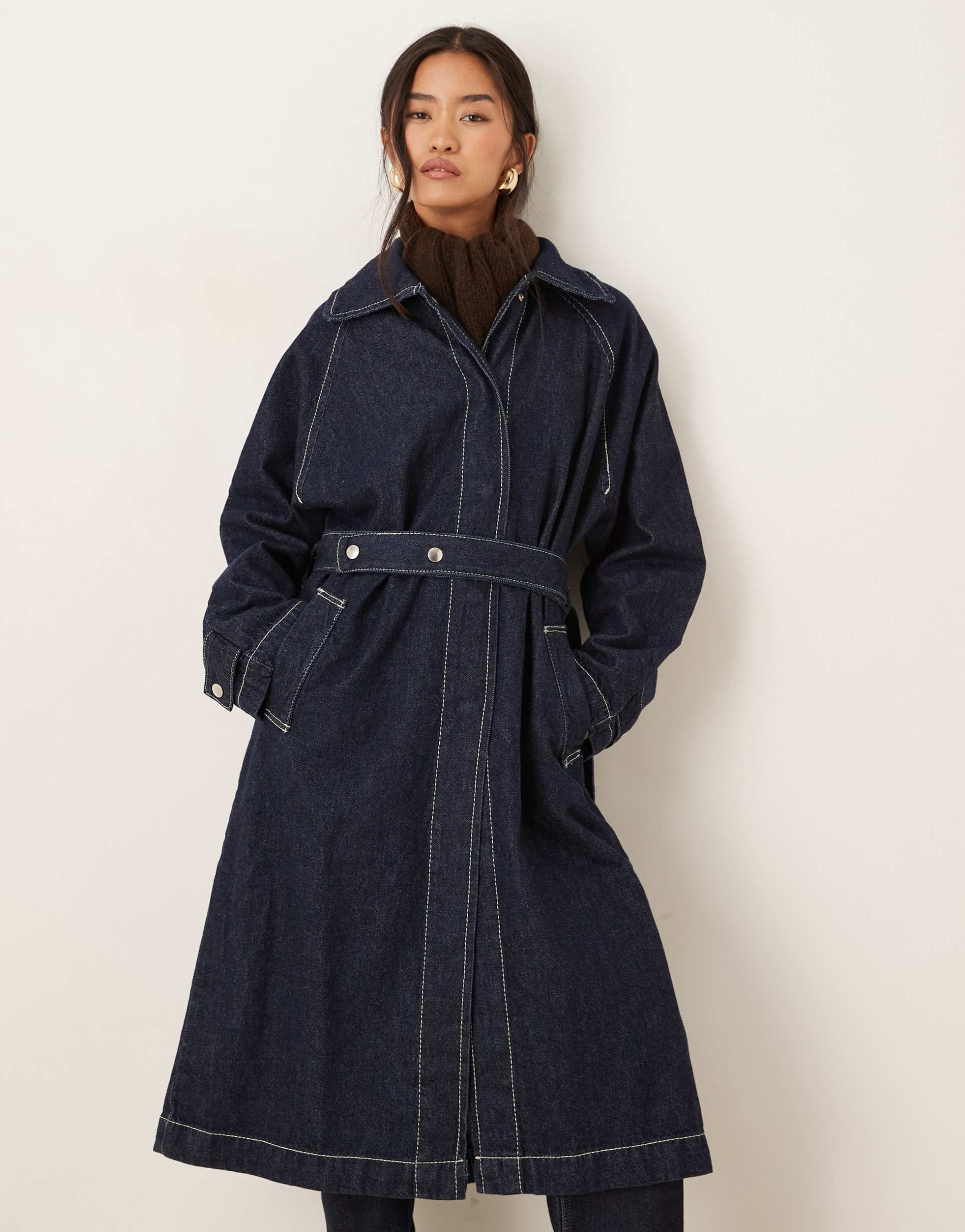 gina tricot midi length denim coat with tie front in darkwash indigo blue