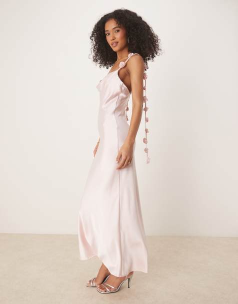 Gina Tricot midi satin cowl neck dress with 3D floral applique in light pink - view 1