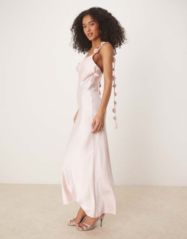 Gina Tricot midi satin cowl neck dress with 3D floral applique in light pink