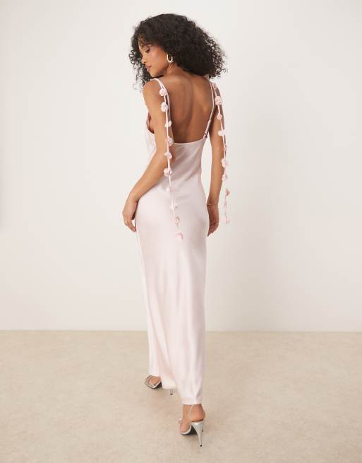 Gina Tricot midi satin cowl neck dress with 3D floral applique in light pink  | ASOS