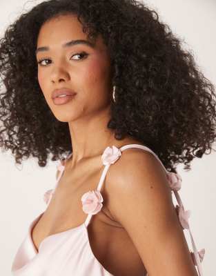 Gina Tricot midi satin cowl neck dress with 3D floral applique in light pink