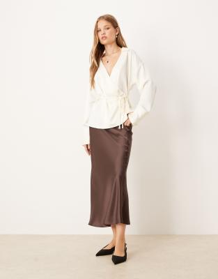 Gina Tricot Midi Satin Skirt In Brown