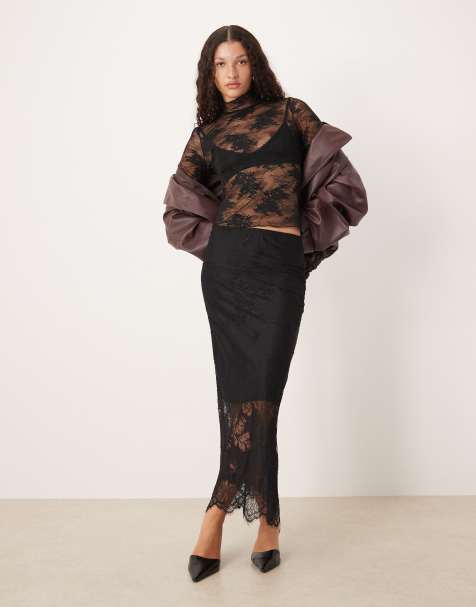 Gina Tricot midi skirt with lace insert in black - view 1