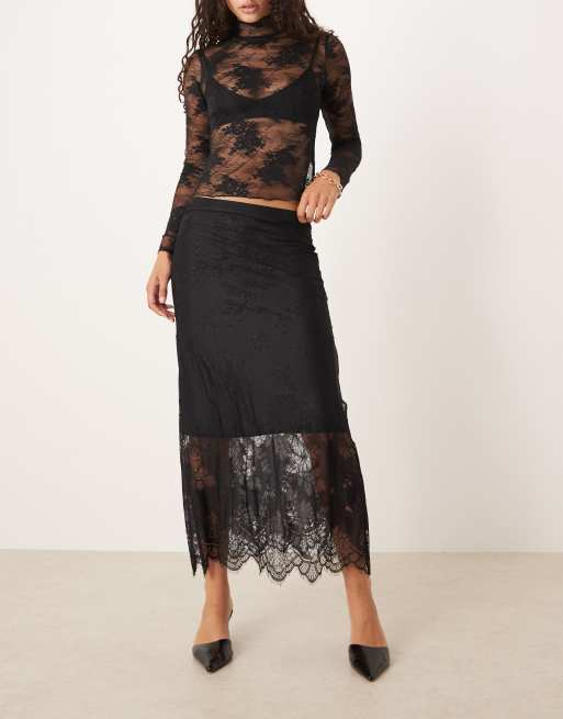 Gina Tricot midi skirt with lace insert in black