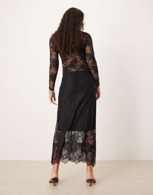 Gina Tricot midi skirt with lace insert in black, 4 of 5