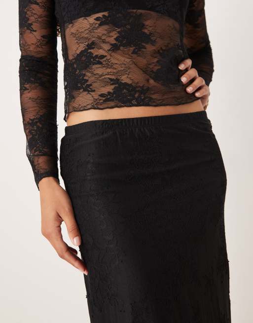 Gina Tricot midi skirt with lace insert in black