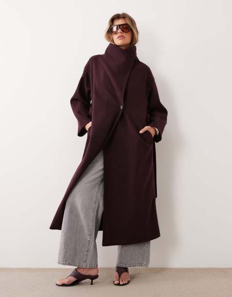 Gina Tricot Midimantel mit hohem Kragen und Wolle in dunklem Pflaumen-Burgunderrot - view 1