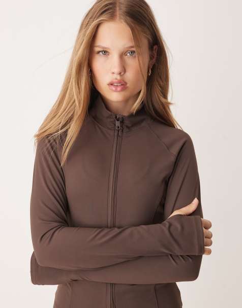 Gina Tricot mix and match yoga sports seamless zip up jacket in dark brown