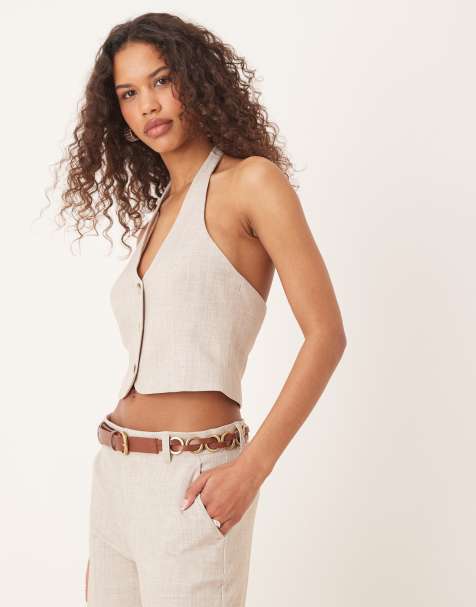 Gina Tricot mix and match co-ord halterneck tailored waistcoat vest in beige melange
