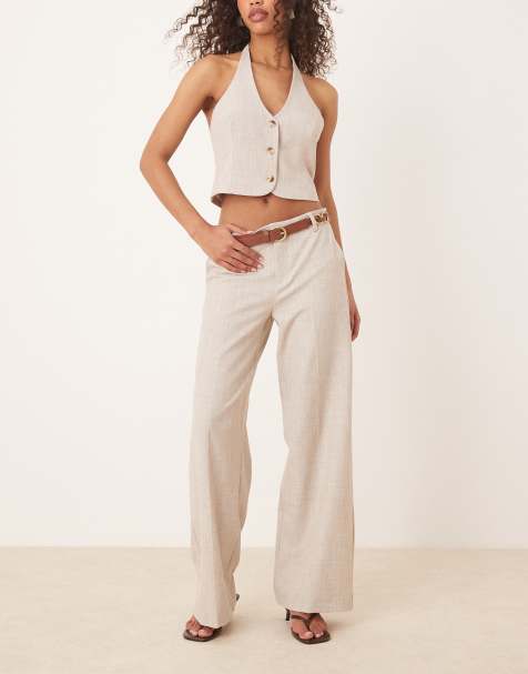 Gina Tricot mix and match co-ord wide leg suit tailored trousers in beige melange