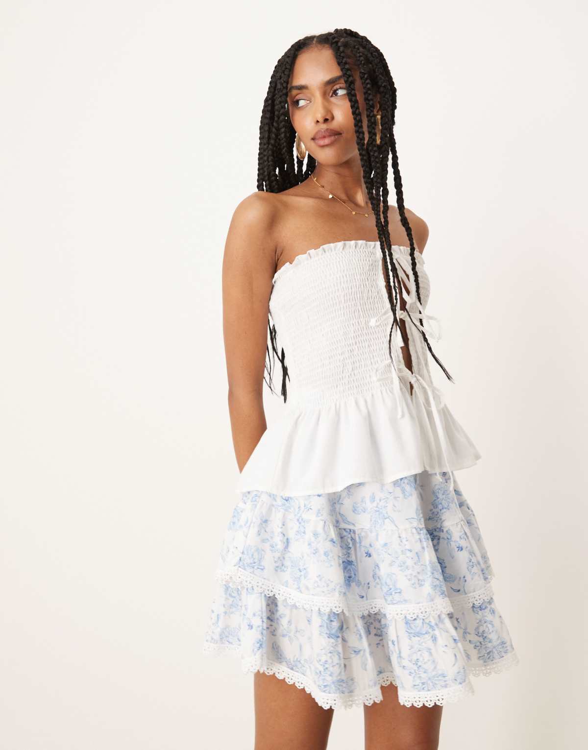 Gina Tricot mini boho tiered ruffle skirt in blue flower