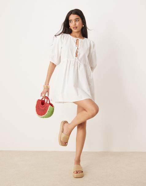 Gina Tricot mini dress with tie front bodice and puff sleeves in white - view 1