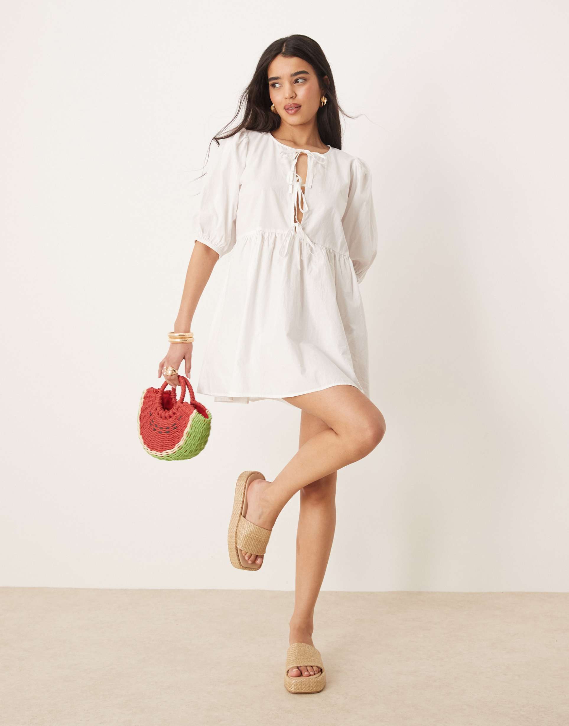 gina tricot mini dress with tie front bodice and puff sleeves in white
